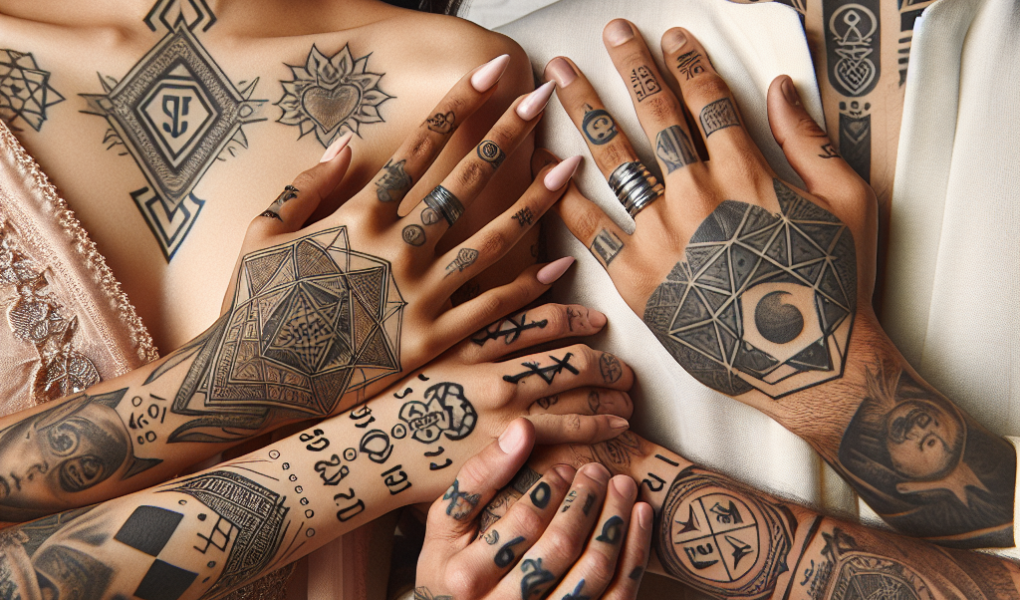 Manos entrelazadas de parejas con tatuajes simbólicos