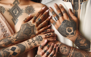 Manos entrelazadas de parejas con tatuajes simbólicos