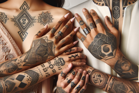 Manos entrelazadas de parejas con tatuajes simbólicos