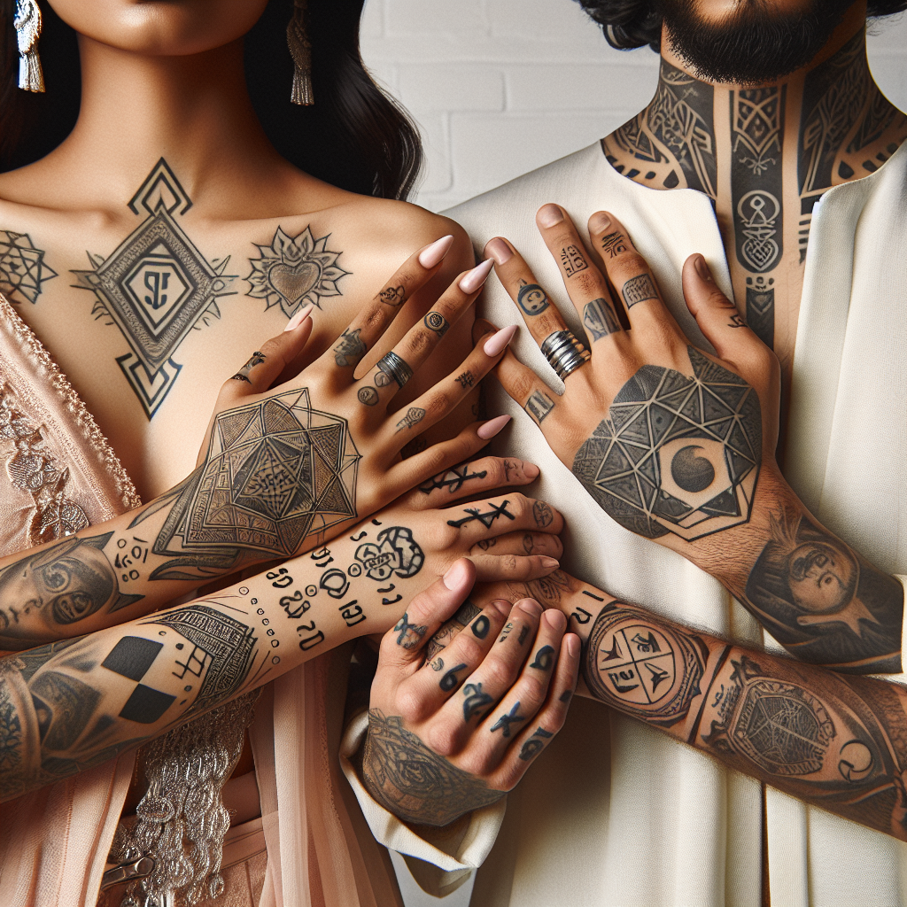 Manos entrelazadas de parejas con tatuajes simbólicos