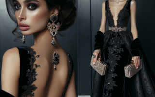 Mujer elegante con vestido negro para boda de noche