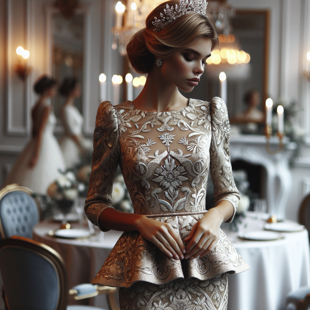 Mujer elegante en vestido brocado con peplum y diadema tocado